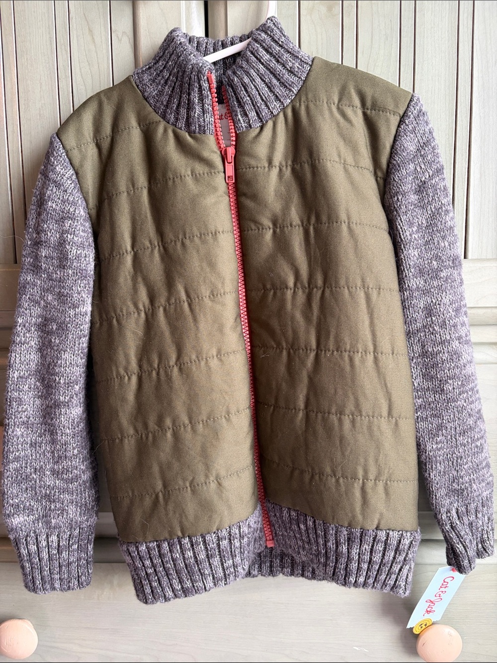 Kids Olive Quilted Front Knit-Sleeve Jacket - Gray Knit Trim
